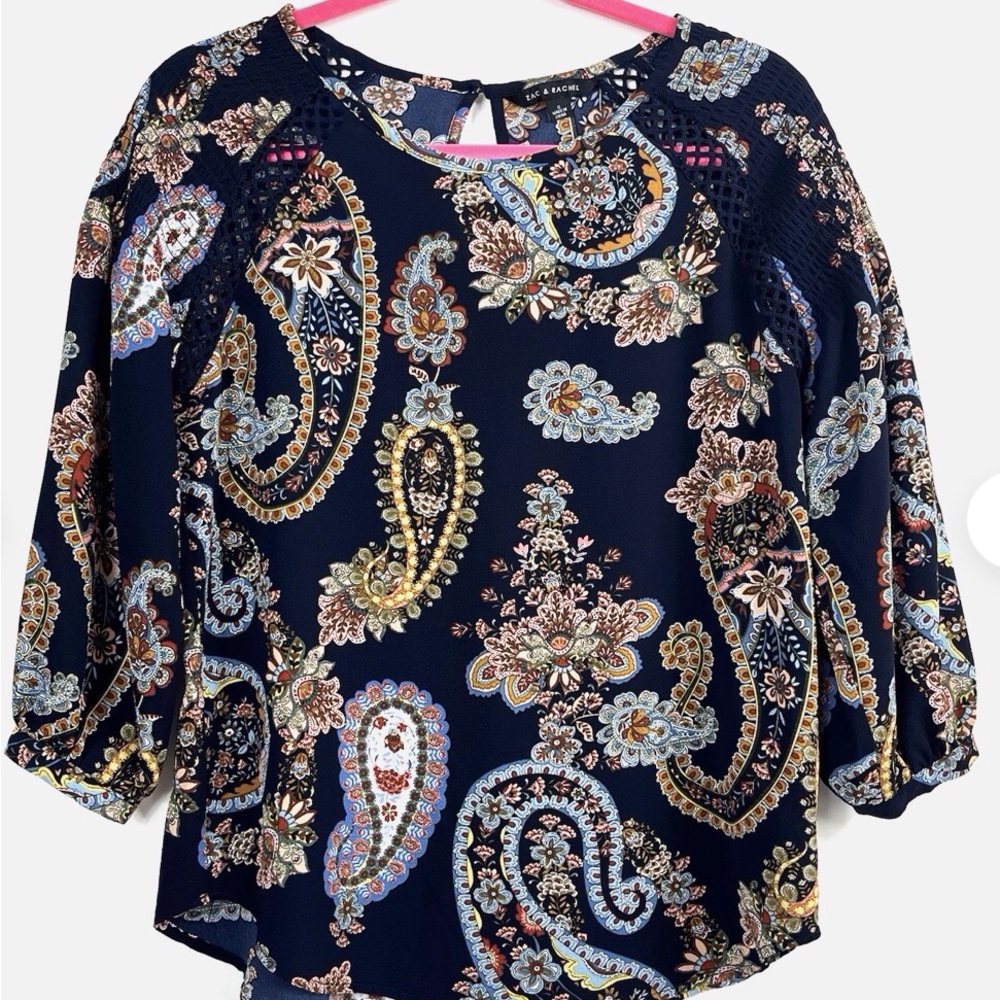 Zac & Rachel Petite Blue Multicolored Paisley Print Lace Accent 3/4 Sleeve LP